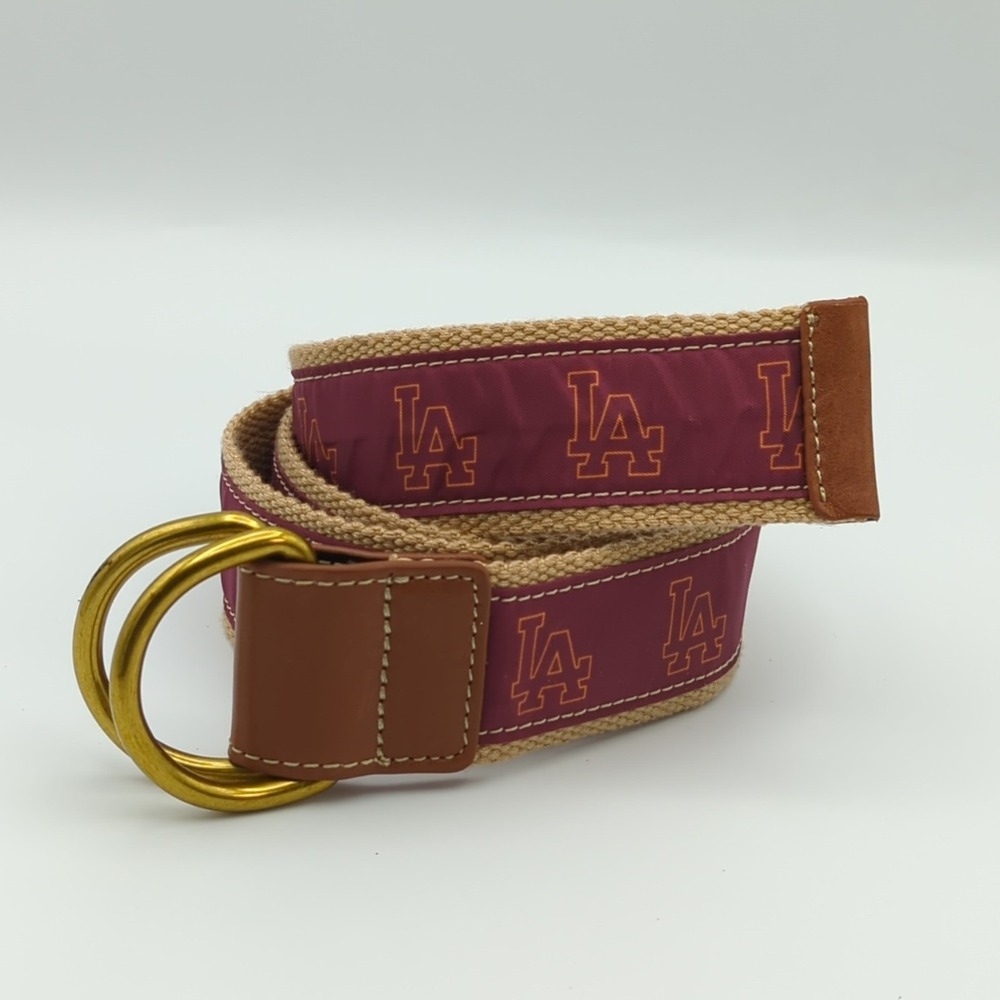 Barrington LA Logo D-Ring Canvas Leather Belt Womens S/M Maroon Gold